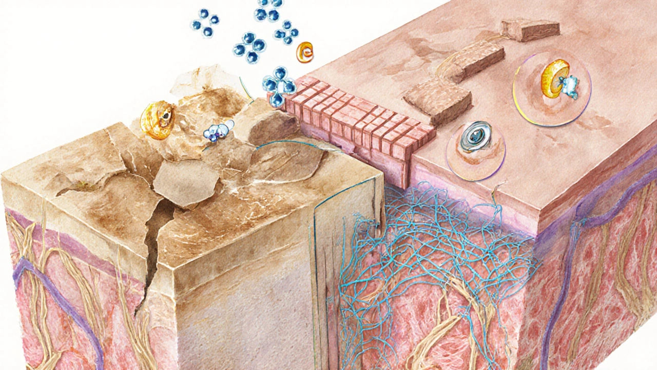 Микроскопическое изображение кожи: восстановление коллагена пептидами и защита клеток церамидами.