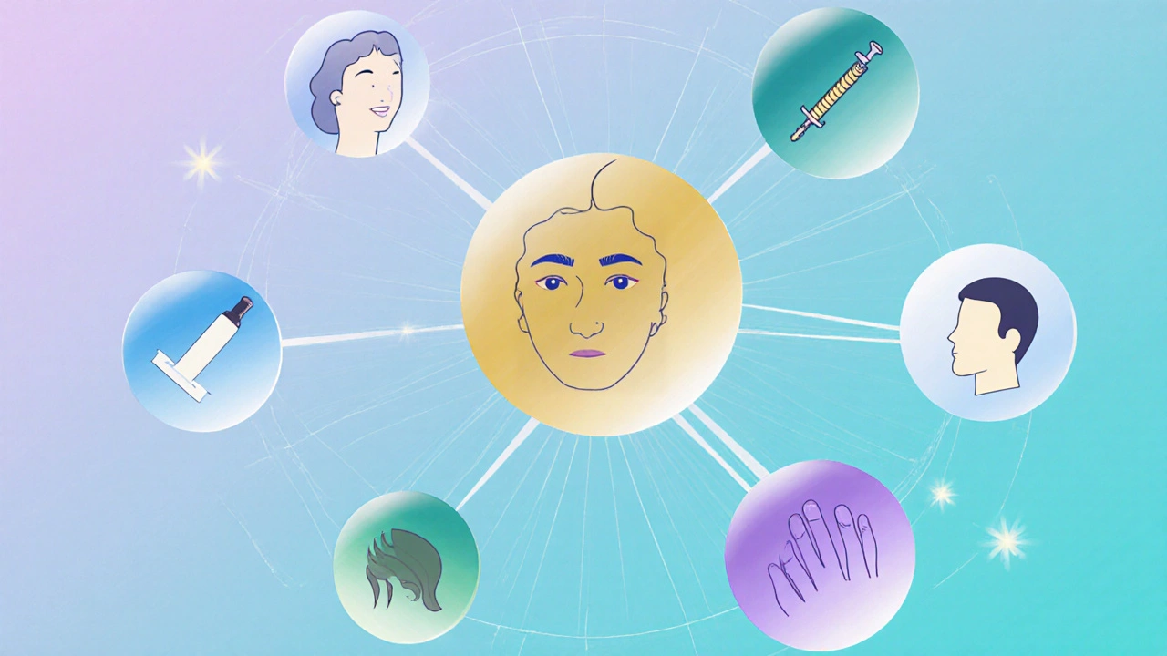 Пять сфер, символизирующих основные направления эстетической косметологии: омоложение, контурирование, пигментация, уход за волосами и ногтями, комплексные программы.