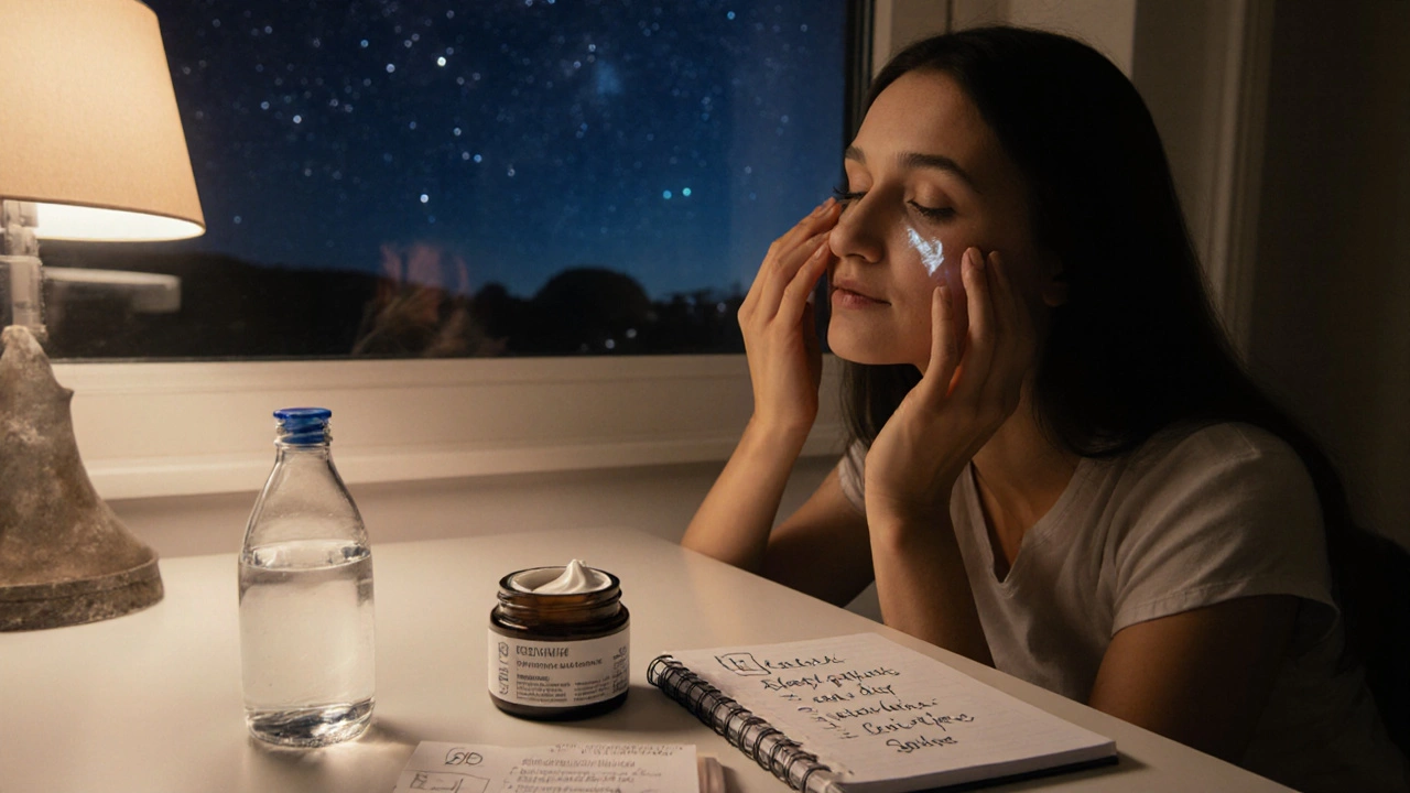 Рука наносит крем перед зеркалом, рядом — вода, солнцезащитный крем и блокнот с заметками.