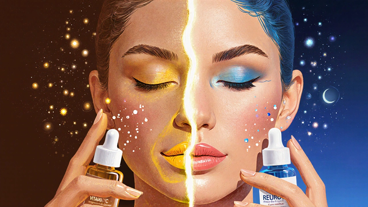 Руки наносят сыворотки с витамином С и ретинолом, разделённые светом дня и ночи.