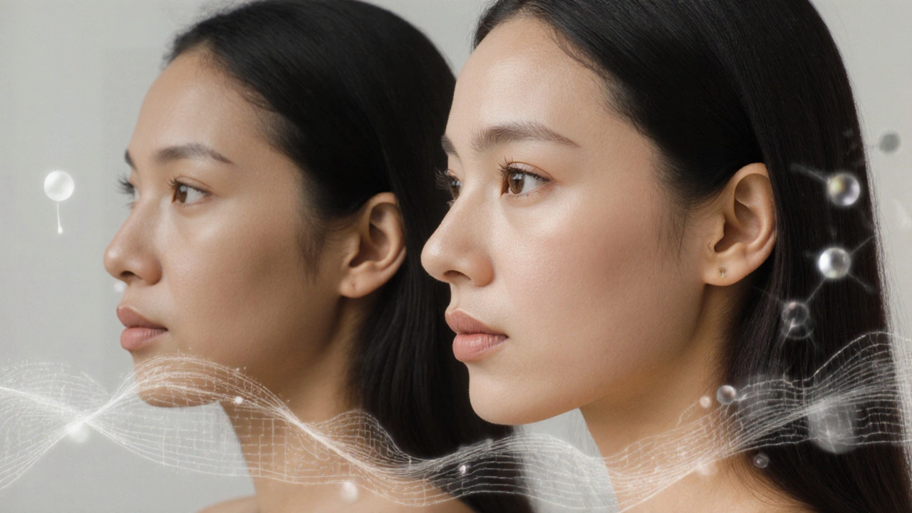 Сравнение профиля женщины до и после нехирургического улучшения: тусклая кожа и размытый овал против сияющей кожи и четких линий лица.