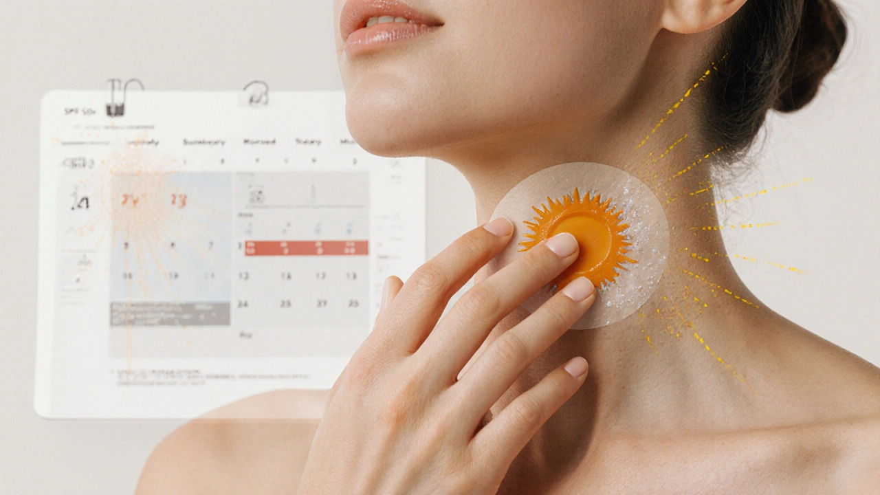 Женщина наносит солнцезащитный крем SPF 50+ после лечения, защищая кожу от солнца.