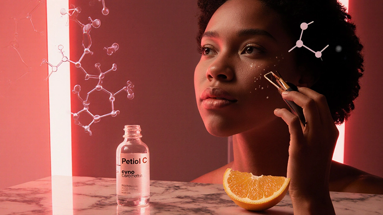 Женщина наносит сыворотку, рядом ретинол, витамин C и красный LED‑свет.