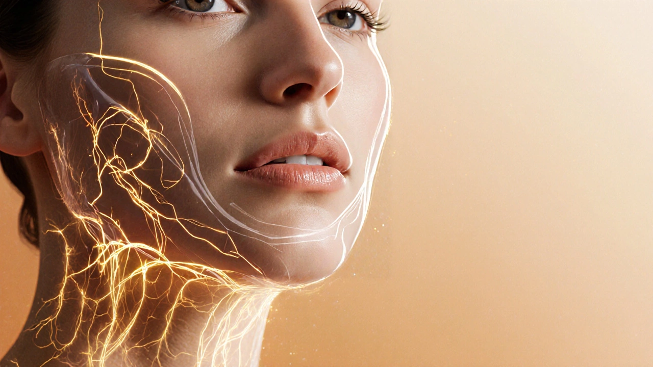 Ближний план лица с прозрачными нитями под кожей, поднимающими контур щек и челюсти.