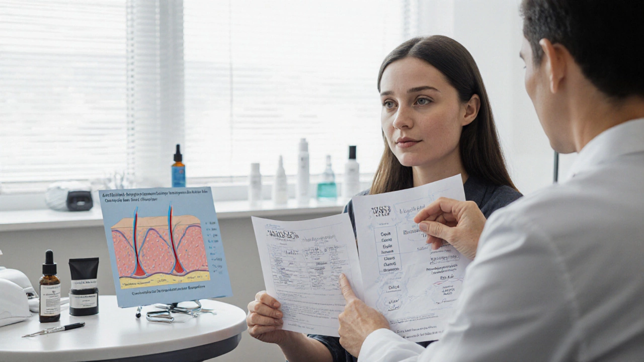 Дерматолог объясняет пациентке результаты анализов на гормоны в кабинете.