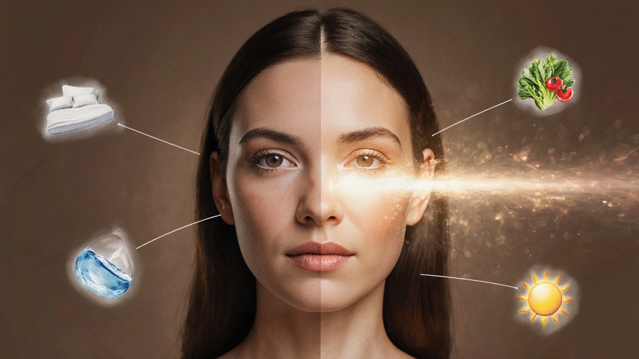 Двустороннее изображение кожи: одна сторона стареющая, другая — омоложенная.