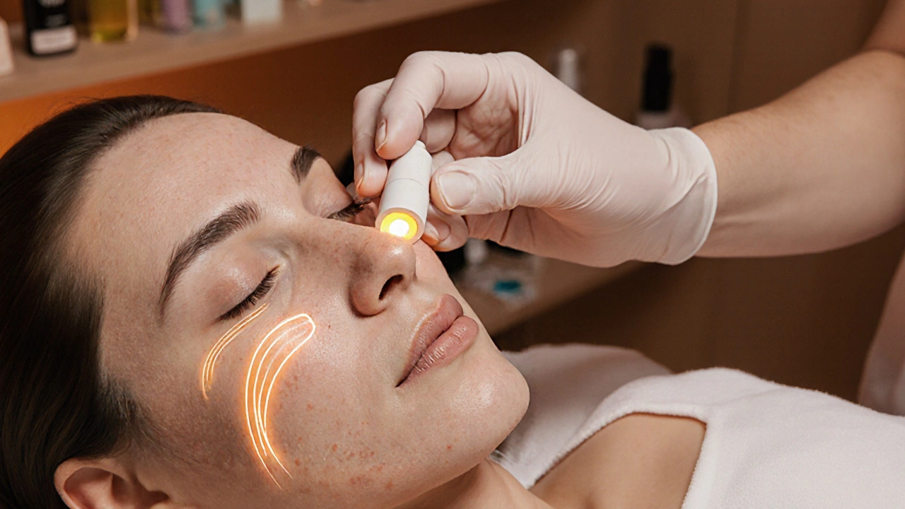 Косметолог применяет микротоковую терапию, видны световые волны, исцеляющие поврежденную кожу.