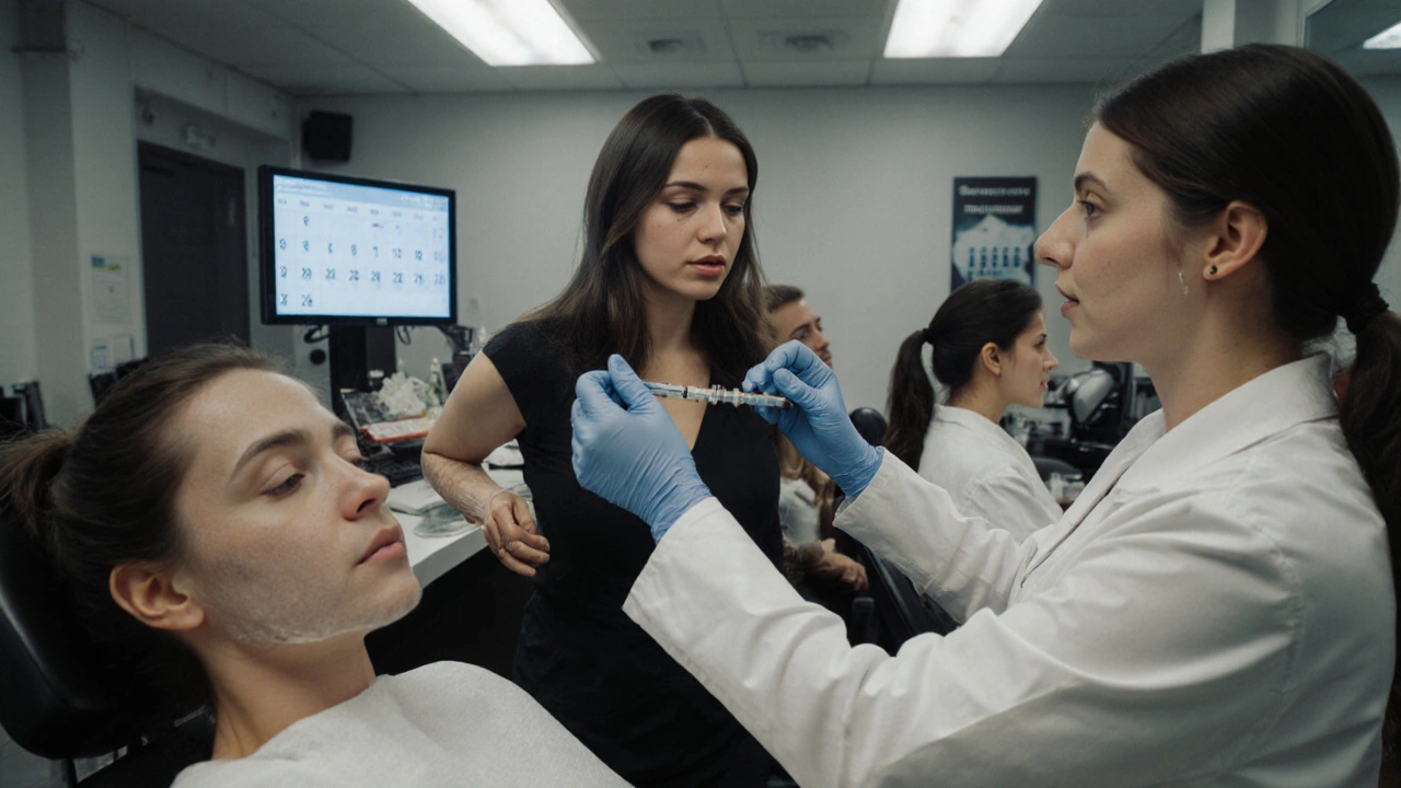 Косметолог в салоне обслуживает трёх клиентов одновременно в напряжённой обстановке