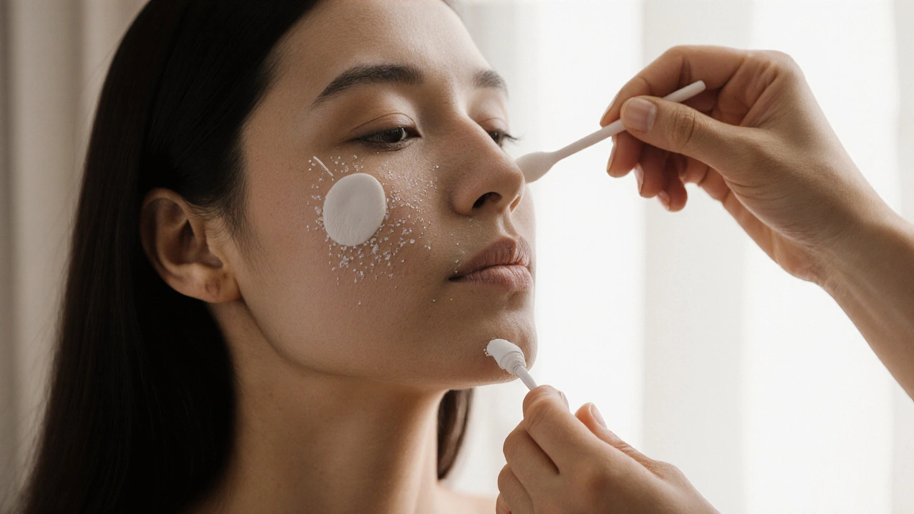 Лицо на 8-й день после лазера: отек прошел, кожа бледная и шелушится, рука наносит крем пантенола, естественный свет.