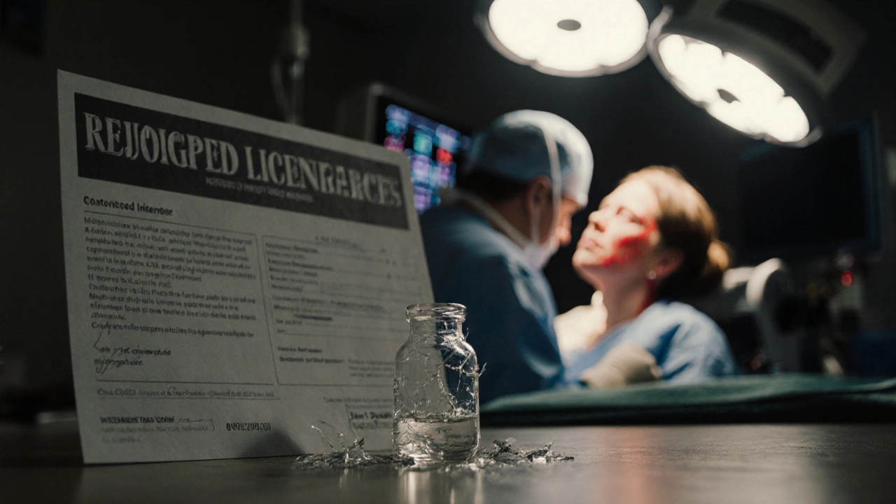 Разбитый флакон поддельного филлера и пациентка с некрозом лица под светом больничных ламп.