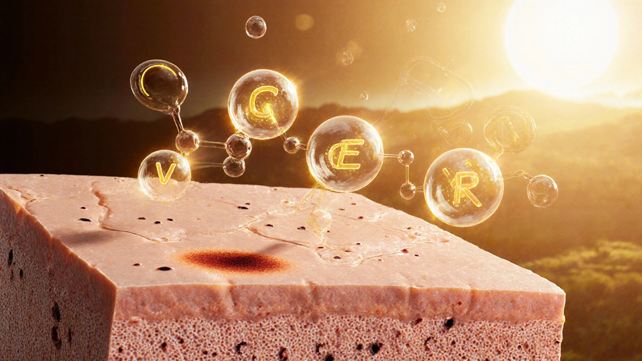 Разрез кожи, где витамины подавляют выработку меланина, научно-поэтический стиль с золотым светом.