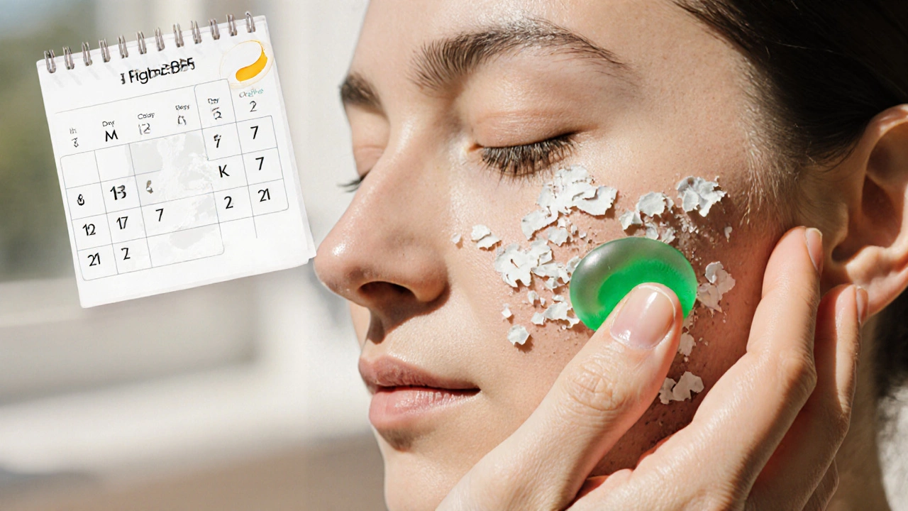 Рука наносит увлажняющий крем на кожу после лазера, на фоне календаря с отметками дней восстановления.