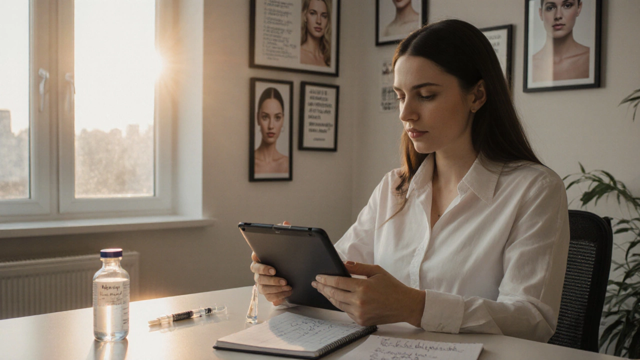 Самозанятая эстетистка смотрит на отчёт о доходах в своём домашнем кабинете