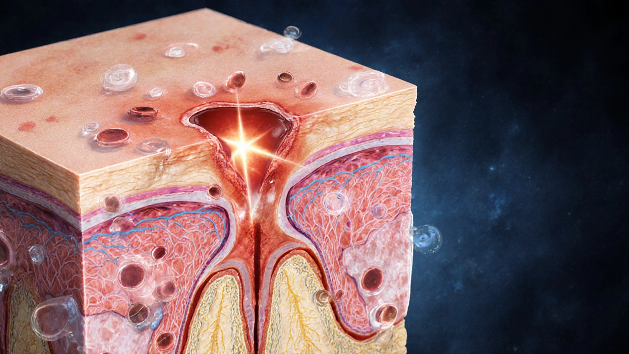 Схематичное изображение кожных слоев с отеком и восстановлением коллагена после лазерного воздействия, в стиле научной иллюстрации.