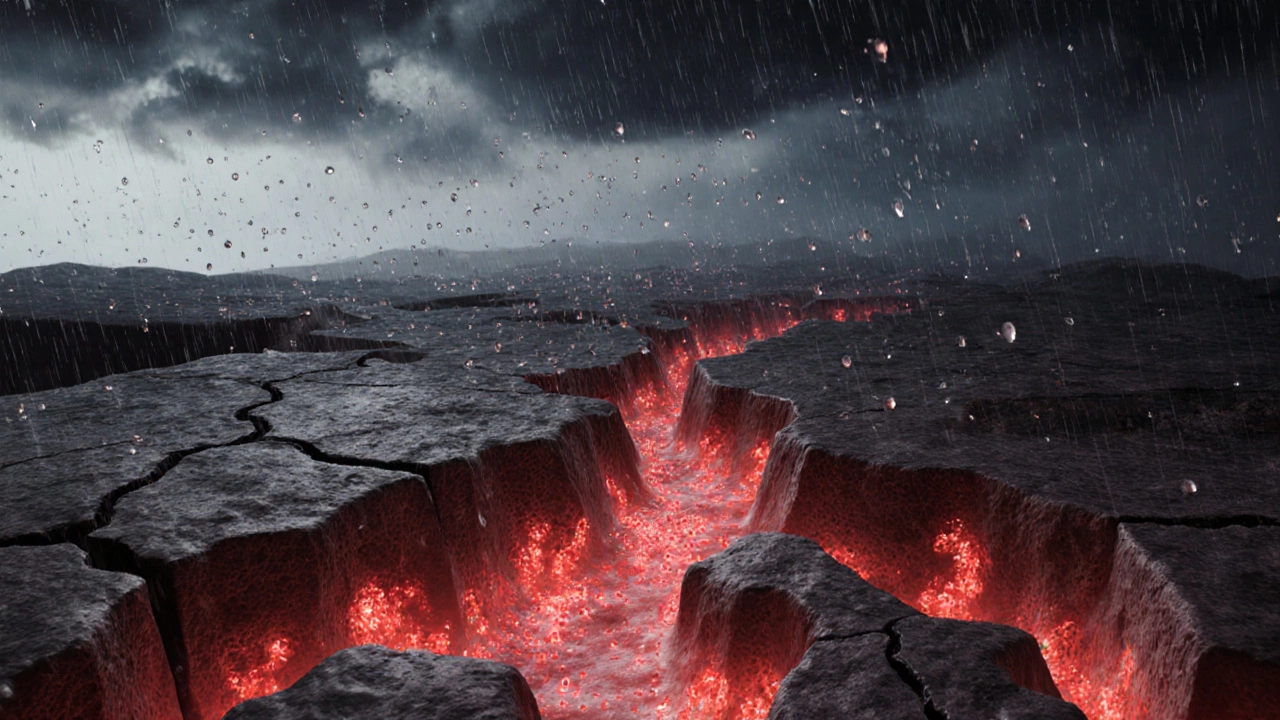 Схематичное изображение воспаленной кожи как ландшафта с бактериями и процессами заживления.