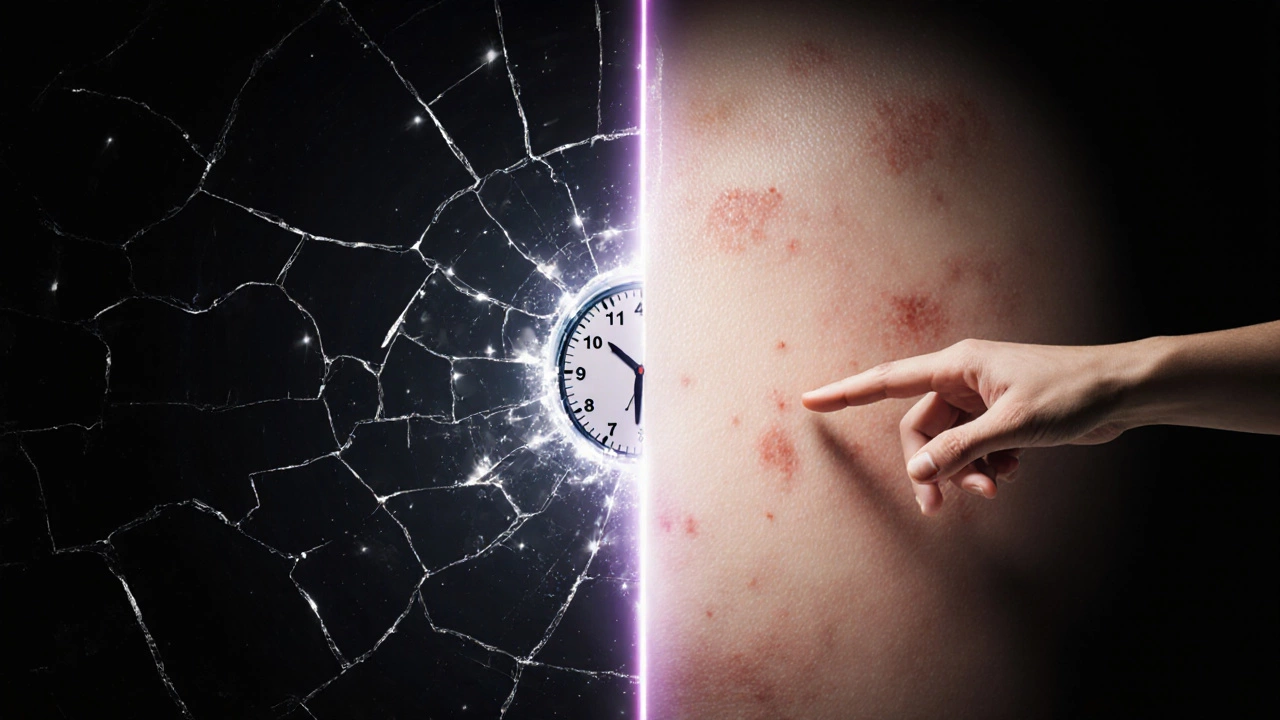 Символический путь от поврежденной кожи к здоровой, с элементами пептидов и времени восстановления.