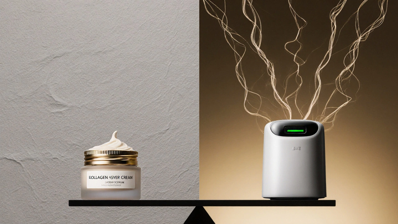 Символическое сравнение крема и лазера: лазер стимулирует коллаген, крем — временно маскирует.