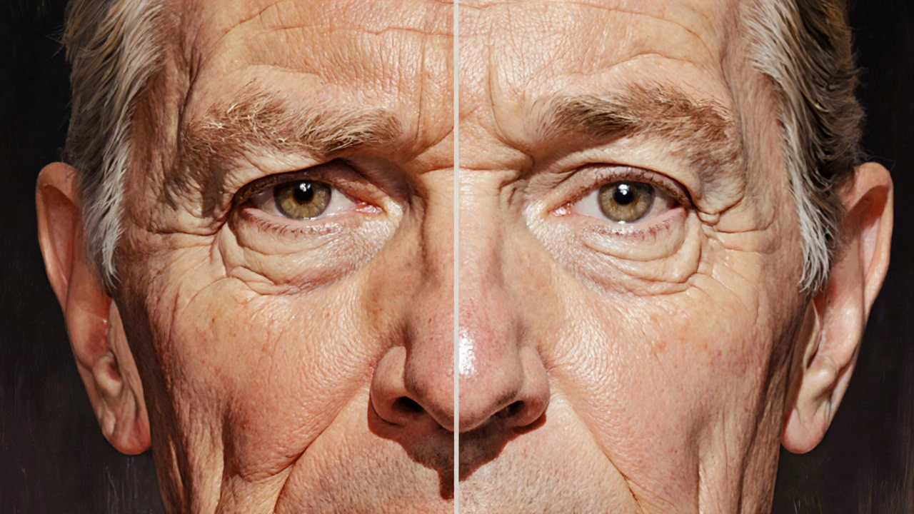 Сравнение лица: одна сторона с мимическими морщинами, другая — без выражения после длительного ботокса.