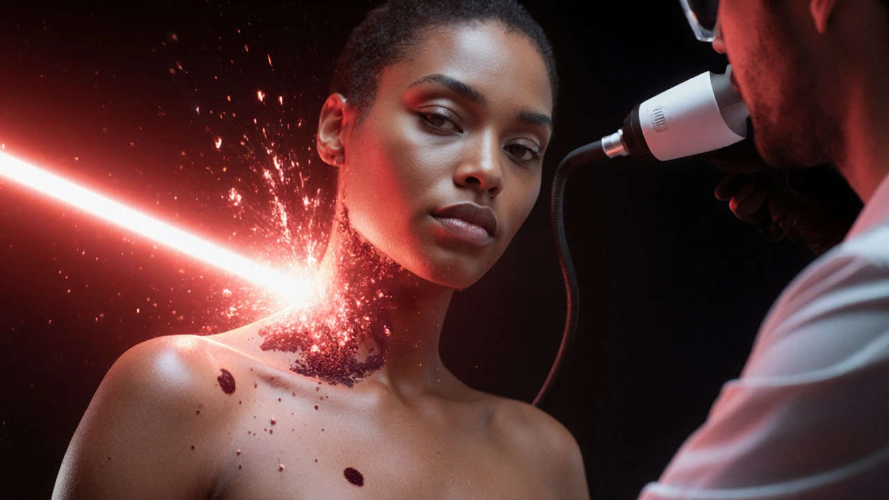 Темнокожая женщина под лазером, на коже появляются тёмные пятна