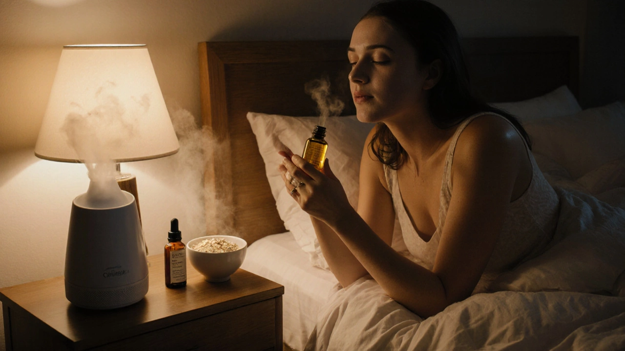 Женщина наносит масло на кожу в спальне с увлажнителем воздуха ночью