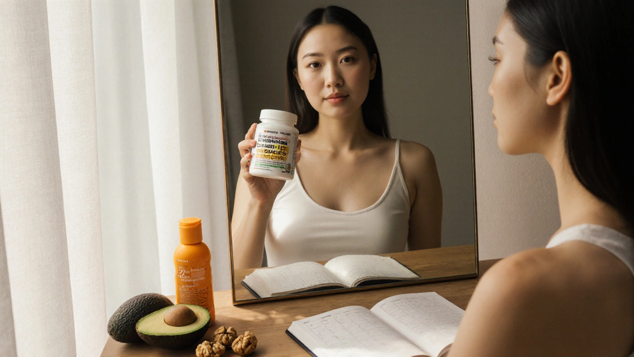 Женщина смотрит в зеркало, где ее кожа стала светлее, рядом витамины, солнцезащитный крем и авокадо.