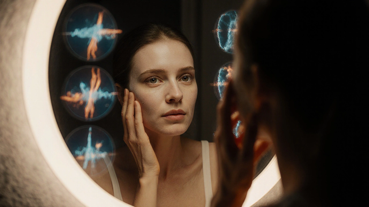 Женщина смотрит в зеркало, где её отражение выглядит маскообразно, вокруг — прозрачные схемы старения кожи.