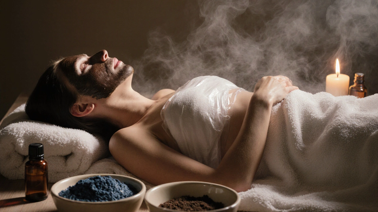 Женщина в домашнем обертывании с глиной на бедрах и животе, укутанная полотенцем.