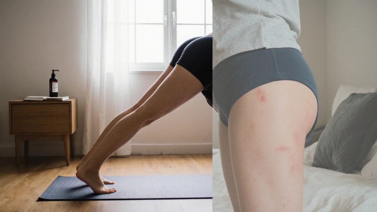 Женщина выполняет упражнение мостик, видна улучшенная упругость кожи бедер.