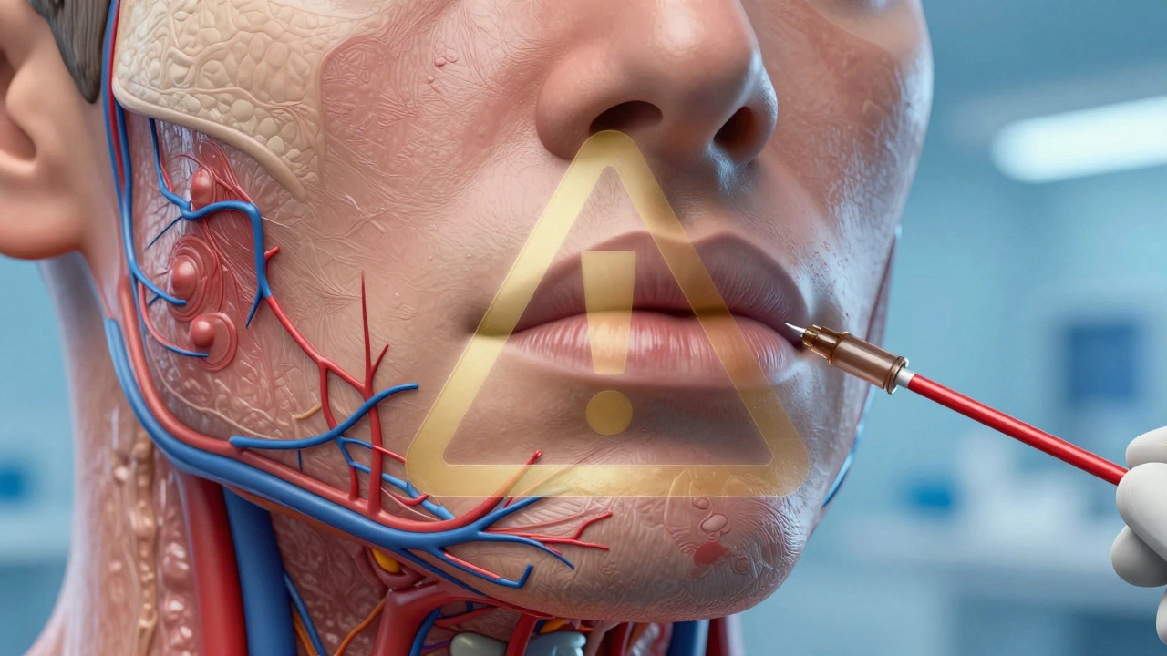 Анатомическая схема губ с выделенными сосудами и нервами, игла проникает рядом с лицевой артерией, на фоне предупреждающего знака.