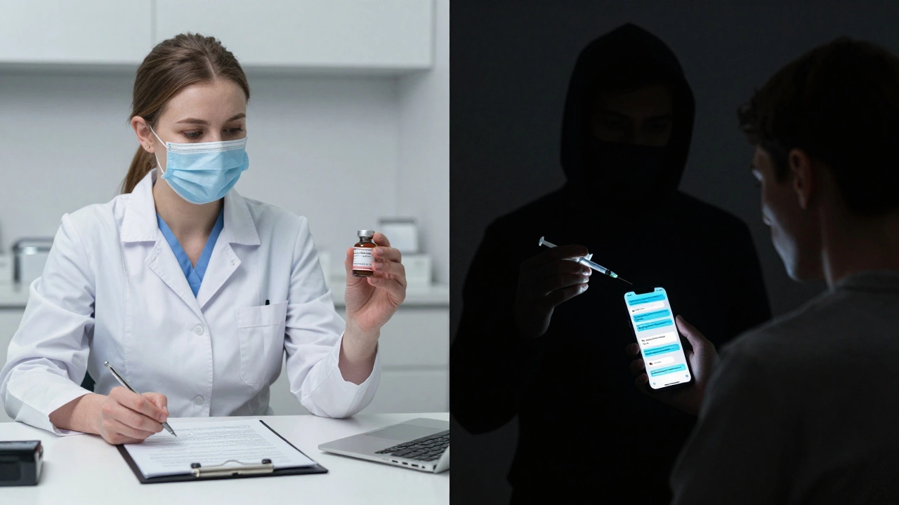 Два сценария: врач в клинике с сертифицированными препаратами и тайный «мастер» в темноте, передающий шприц клиенту.