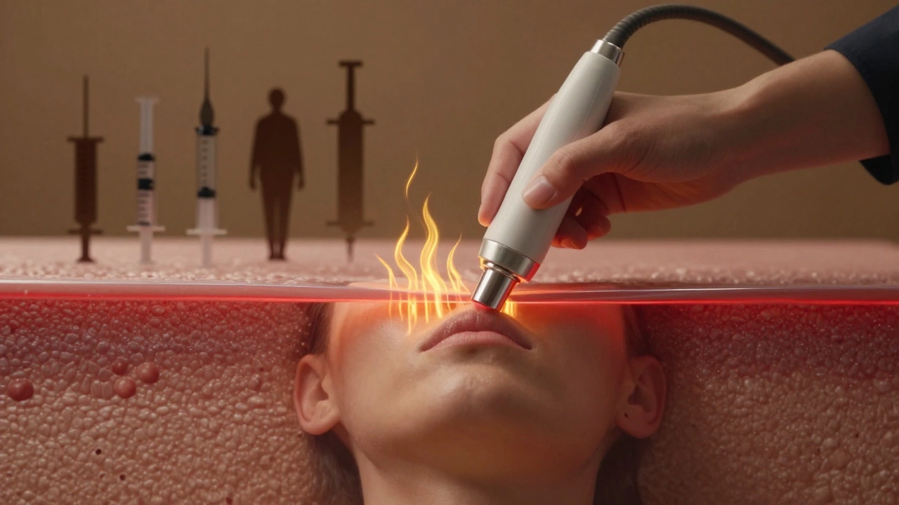 Эстетик применяет радиочастотное омоложение, граница безопасного воздействия обозначена светом.