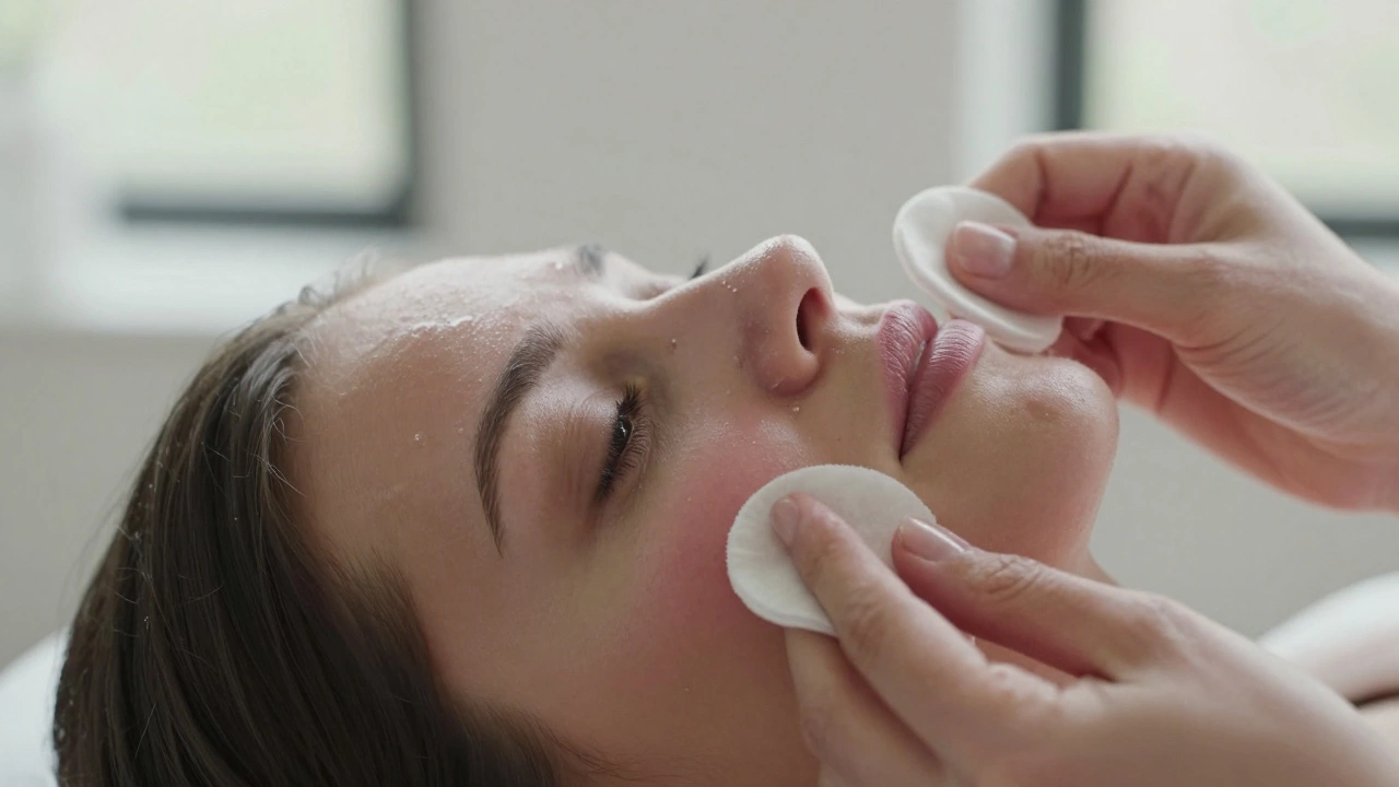 Лицо после профессиональной чистки с нанесением успокаивающего средства, легкое покраснение.