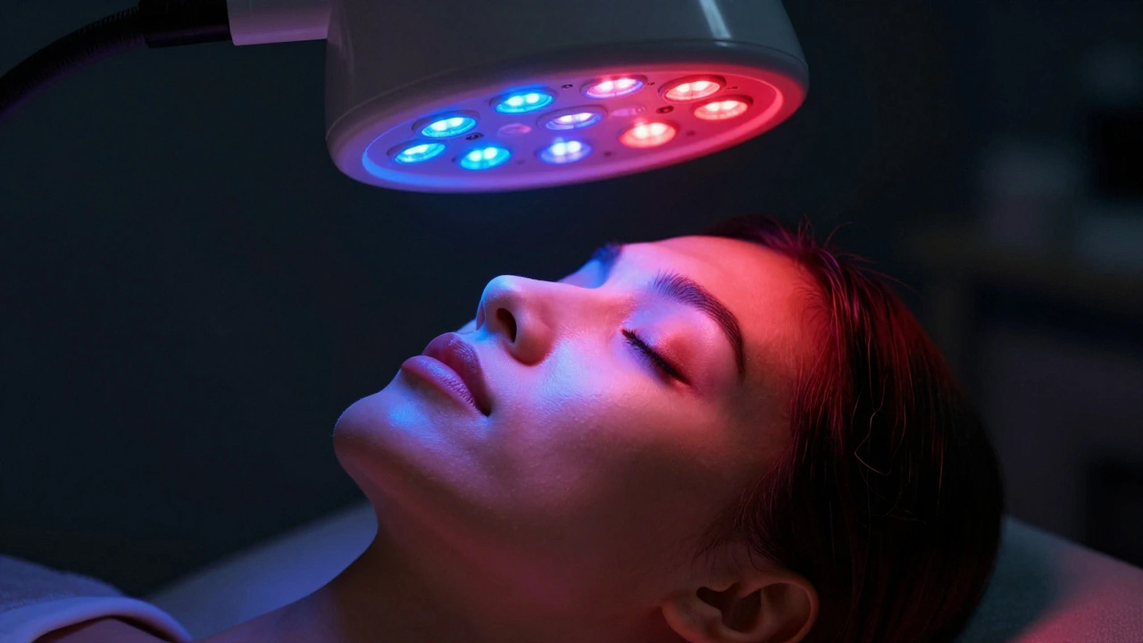 Лицо женщины освещено тремя цветами светотерапии: красным, синим и инфракрасным.