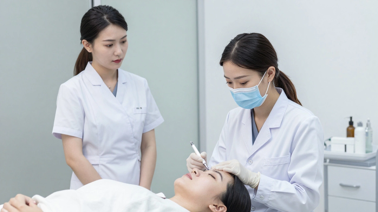 Медицинский косметолог вводит филлер, а эстетический косметолог наблюдает.