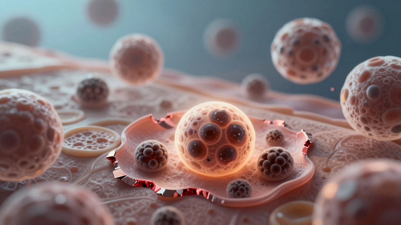 Микроскопическое изображение клеток кожи: поврежденные мембраны и избыток меланина из-за перекиси водорода.