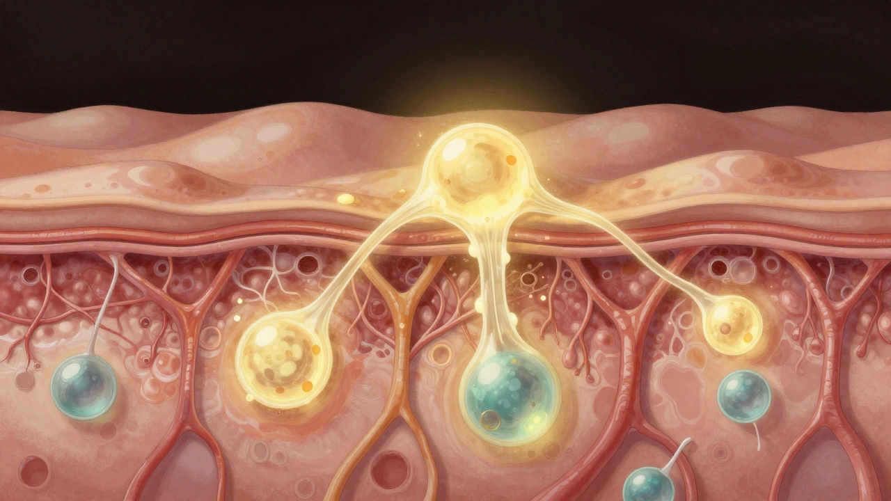 Микроскопическое изображение кожи: тромбоциты стимулируют коллаген и кровеносные сосуды, золотистые и бирюзовые акценты передают регенерацию.