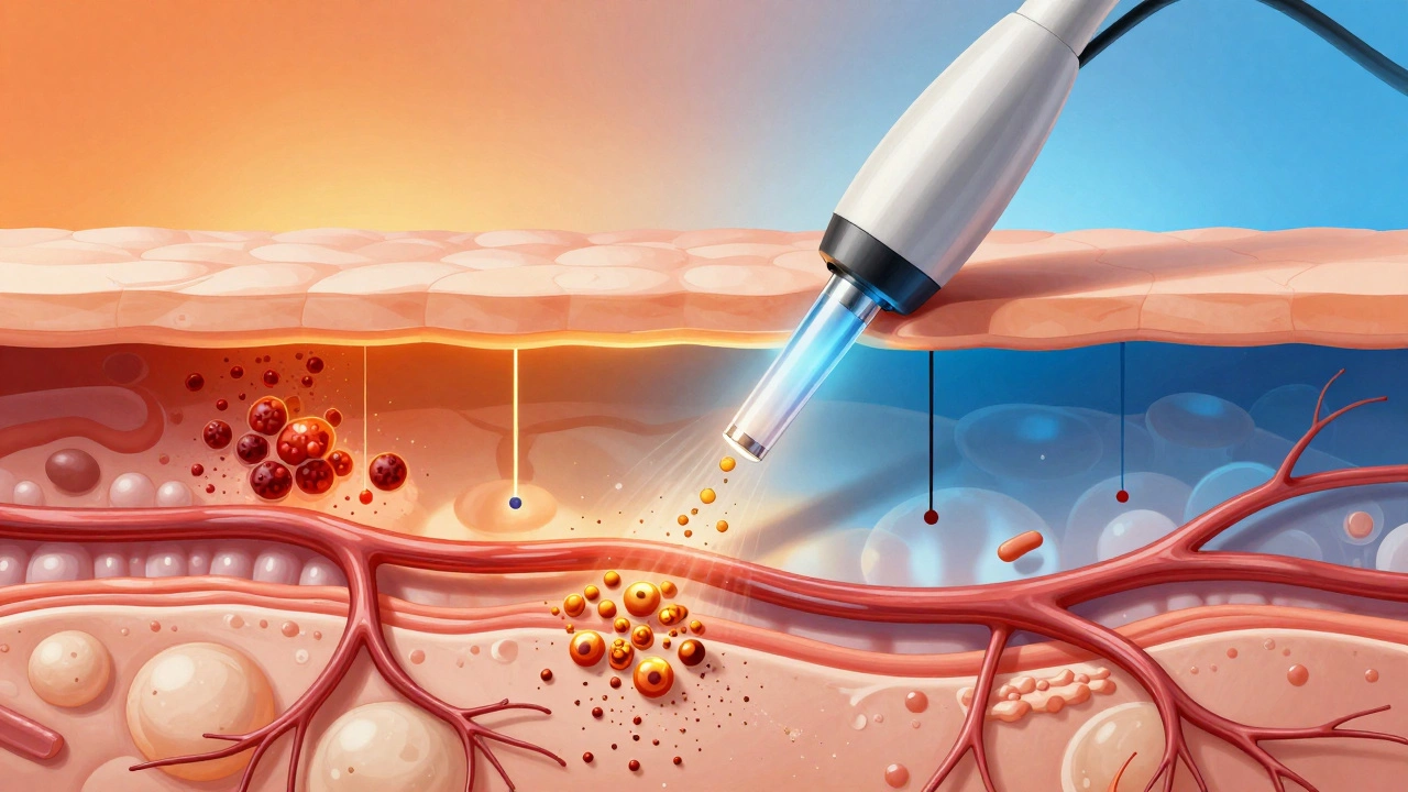Разрез кожи с визуализацией лазерного воздействия на меланин, сосуды и коллаген, с цветовыми потоками и частицами.