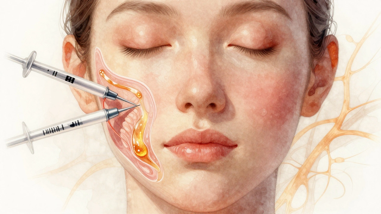 Разрез лица с заполнением филлерами в области щёк и носогубных складок, видны восстанавливающиеся ткани.