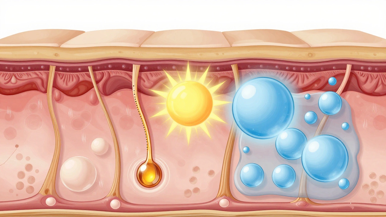 Схематическое изображение кожи с восстановлением коллагена под действием ретинола и пептидов.