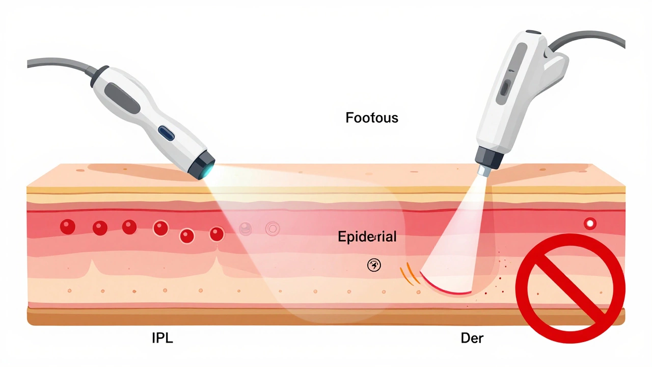 Сравнение IPL-устройства и лазера: световые лучи воздействуют на разные слои кожи.