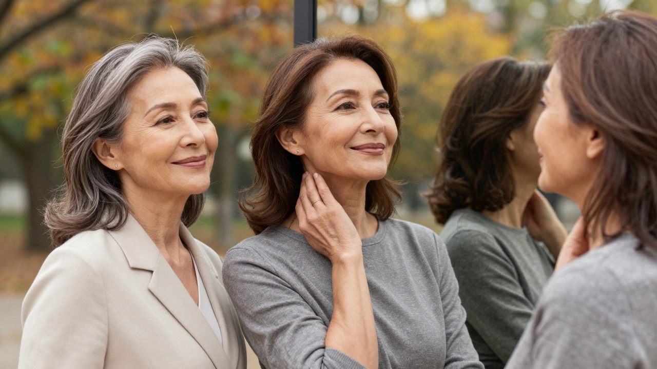 Три женщины после 50 с сияющей кожей стоят вместе на солнце, выглядят здоровыми, уверенно и естественно, без следов хирургии.