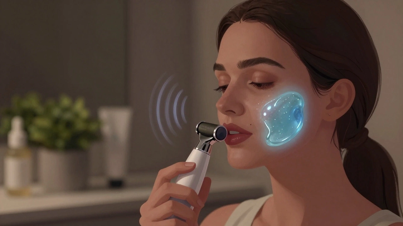 Женщина использует ультразвуковой массажер для уменьшения отеков под глазами.