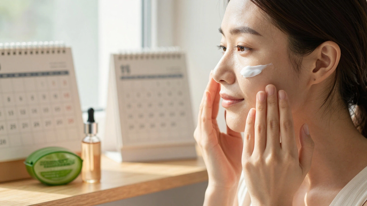 Женщина наносит сыворотку с витамином С и солнцезащитный крем, кожа выглядит здоровой и увлажненной.