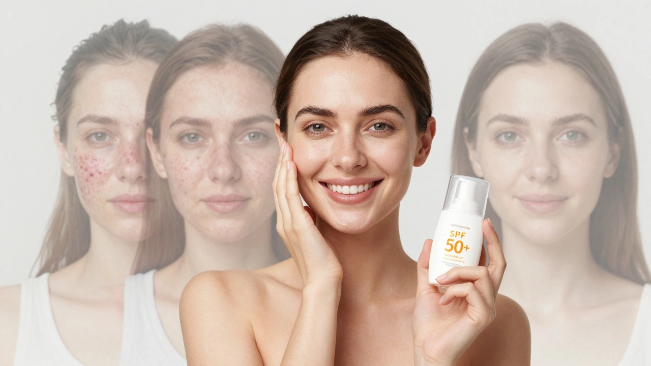 Женщина с гладкой кожей улыбается на солнце, за ней прозрачные следы прошлых дефектов кожи, в руке — крем с SPF.