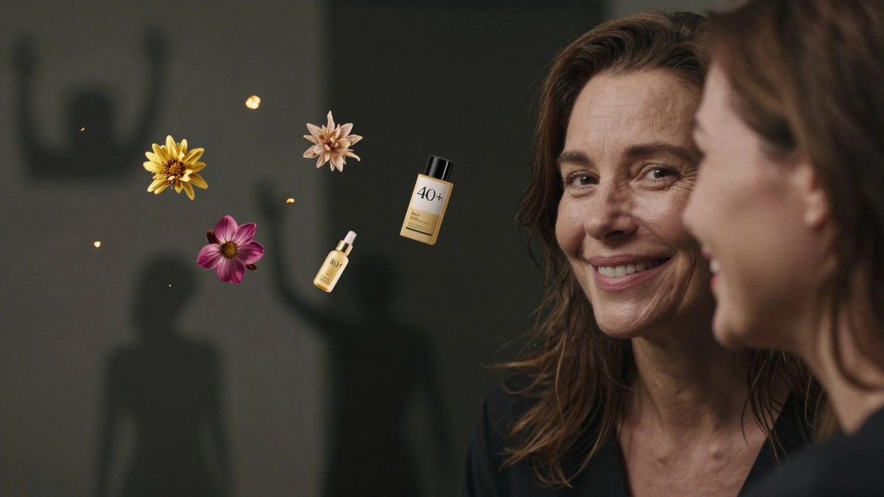 Женщина смотрит в зеркало — её отражение молодее, а вокруг неё исчезают маркетинговые мифы.
