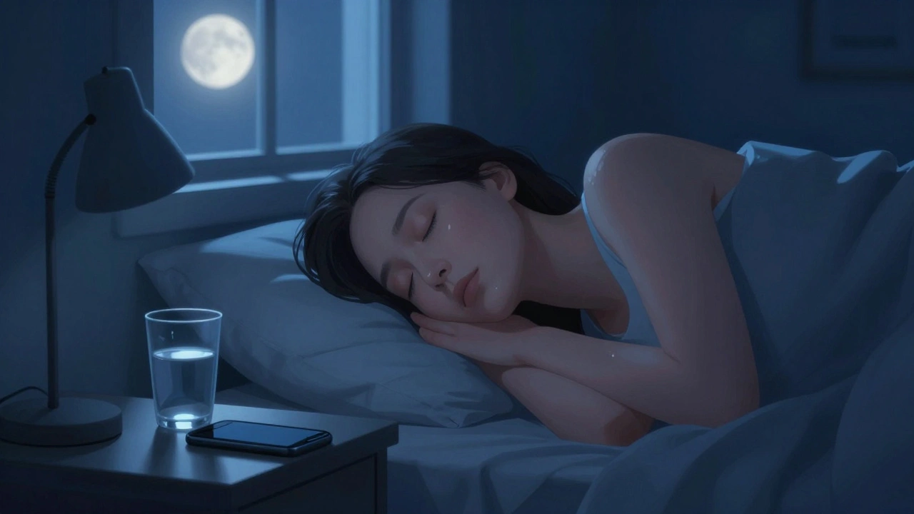 Человек спит в темной комнате, рядом стакан воды и выключенный телефон.