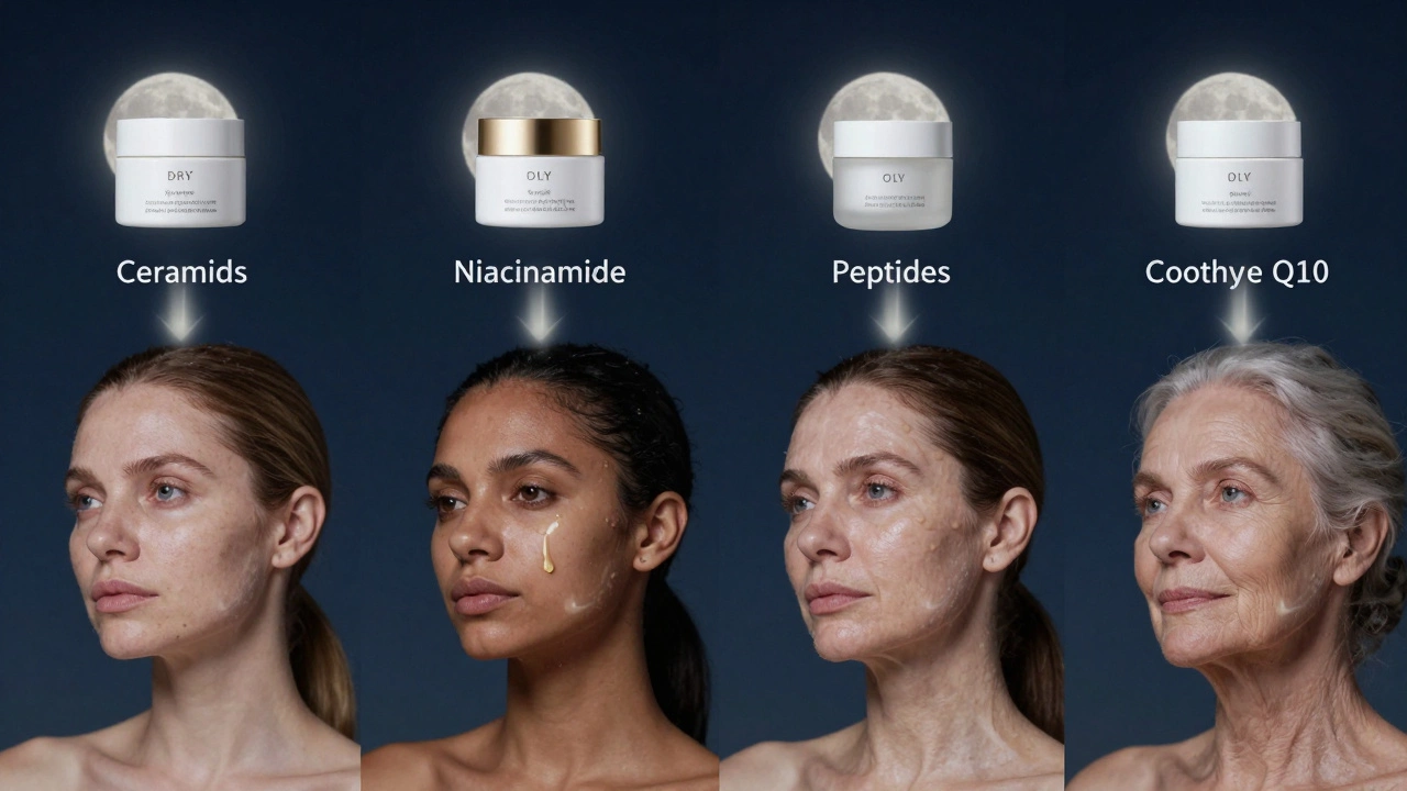 Четыре типа кожи с индивидуальными ночными формулами, визуализированными как светящиеся потоки.