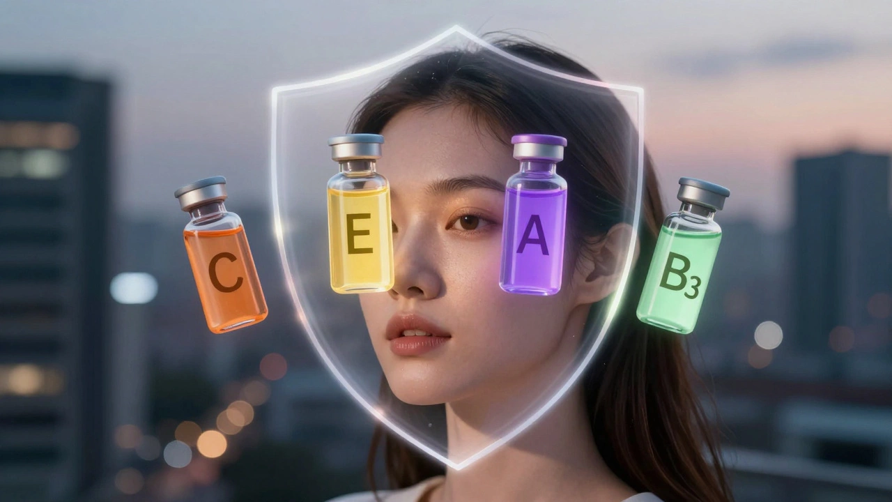 Четыре витамина образуют защитный щит над лицом, нейтрализуя признаки старения.