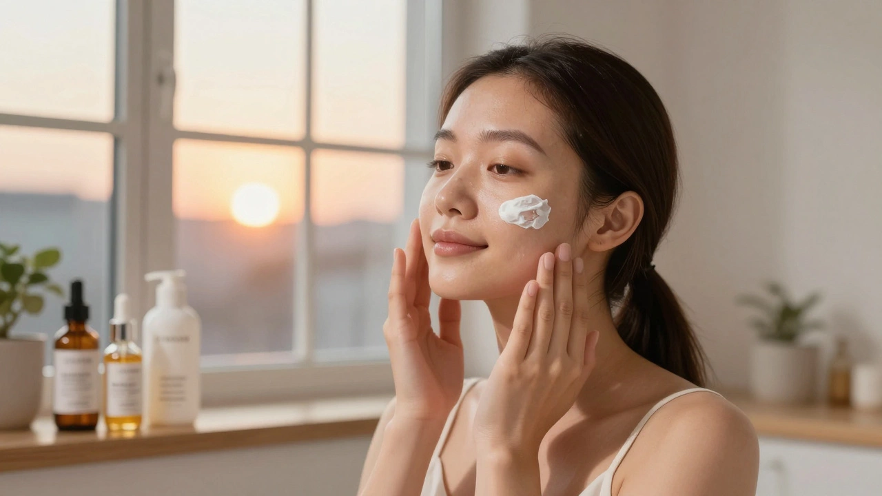 Ежедневный уход за кожей: солнцезащитный крем и сыворотки с витамином С и ниацинамидом на фоне заката.