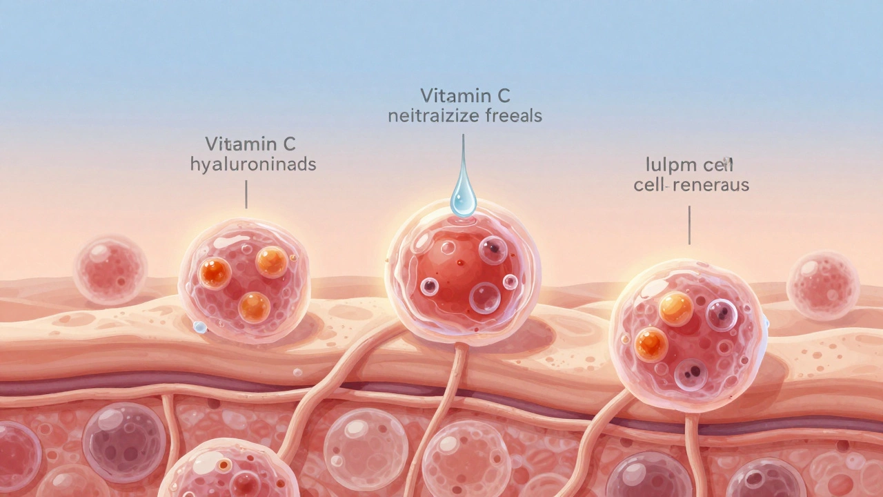 Микроскопическое изображение кожи: коллаген, гиалуроновая кислота и пептиды восстанавливают клетки.